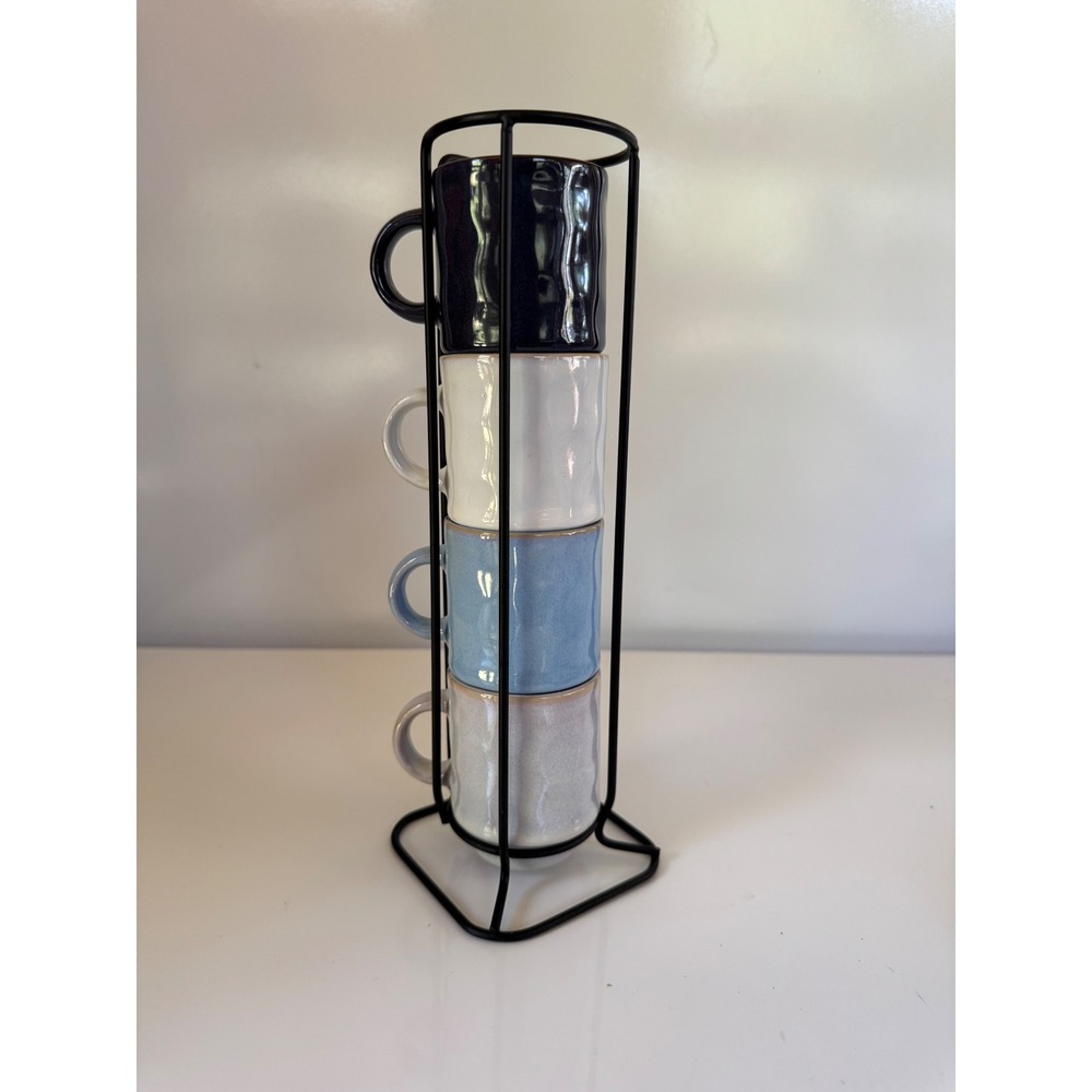 Stacking Espresso Mug Set with Metal Rack 4 Piece Ceramic Textured Blue White